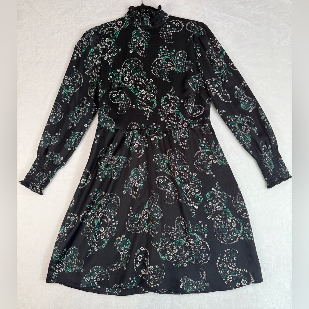 LOFT Petites Black & Green Floral Paisley High Neck Dress Long Sleeve SZ 2P